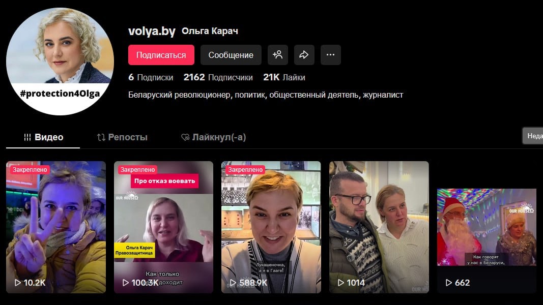 Крычаўскі суд прызнаў “экстрэмісцкім” ТікТок грамадскай дзяячкі Вольгі Карач